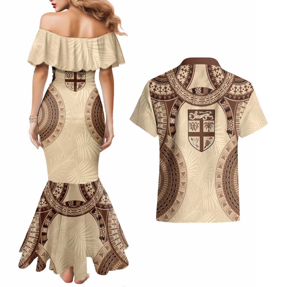 Bula Fiji Day 55th Anniversary Masi Tapa Couples Matching Mermaid Dress and Hawaiian Shirt Emerald Jubilee - Beige LT7 - Polynesian Pride
