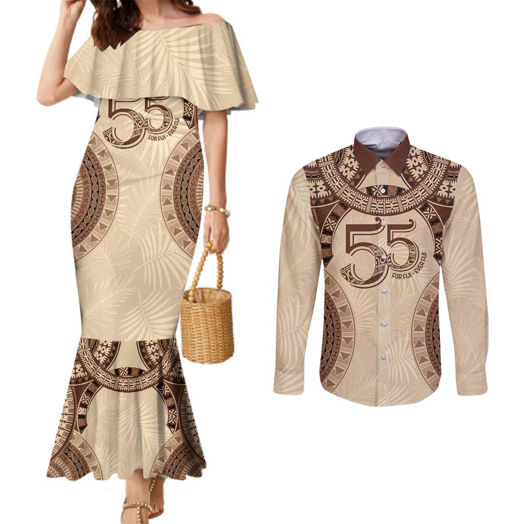 Bula Fiji Day 55th Anniversary Masi Tapa Couples Matching Mermaid Dress and Long Sleeve Button Shirt Emerald Jubilee - Beige LT7 Beige - Polynesian Pride