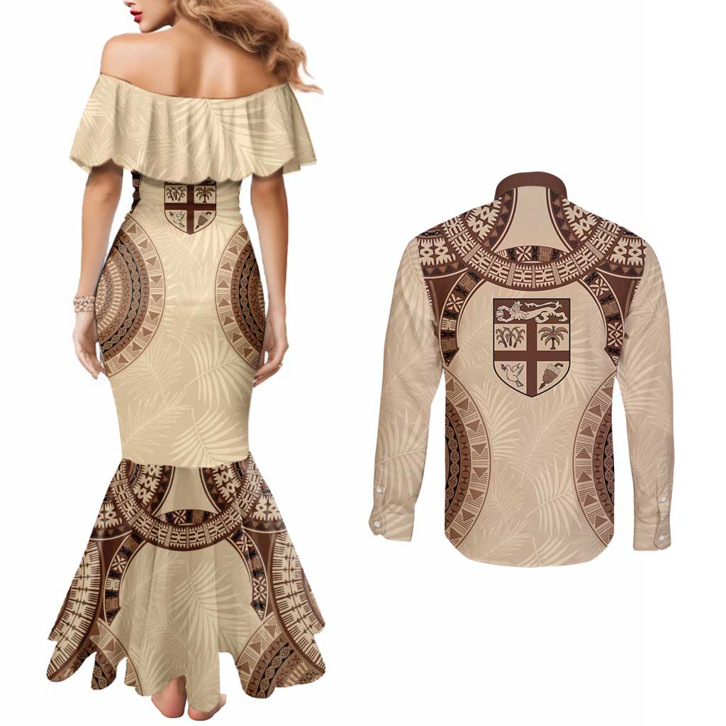 Bula Fiji Day 55th Anniversary Masi Tapa Couples Matching Mermaid Dress and Long Sleeve Button Shirt Emerald Jubilee - Beige LT7 - Polynesian Pride