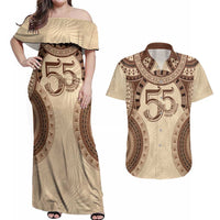 Bula Fiji Day 55th Anniversary Masi Tapa Couples Matching Off Shoulder Maxi Dress and Hawaiian Shirt Emerald Jubilee - Beige LT7 Beige - Polynesian Pride