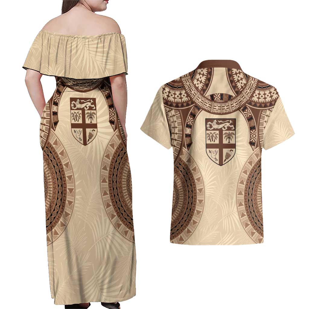 Bula Fiji Day 55th Anniversary Masi Tapa Couples Matching Off Shoulder Maxi Dress and Hawaiian Shirt Emerald Jubilee - Beige LT7 - Polynesian Pride