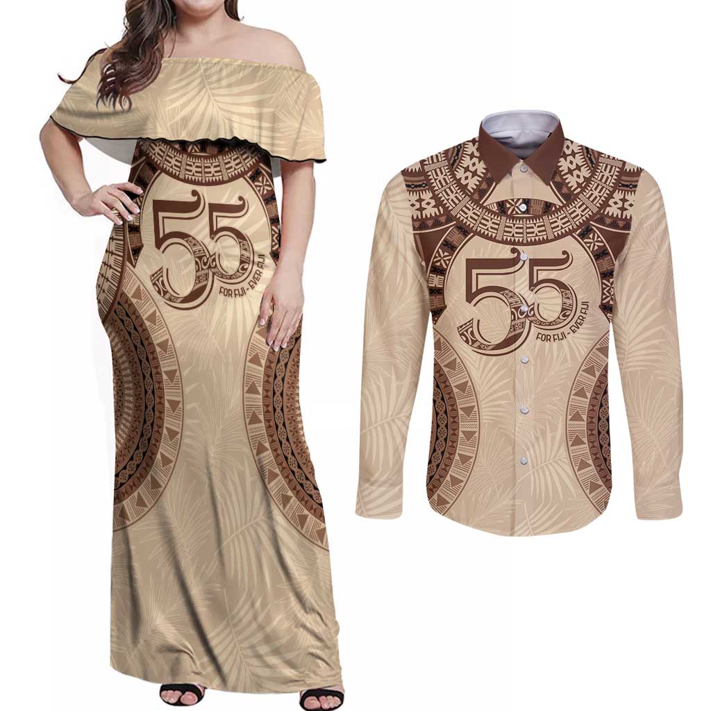 Bula Fiji Day 55th Anniversary Masi Tapa Couples Matching Off Shoulder Maxi Dress and Long Sleeve Button Shirt Emerald Jubilee - Beige LT7 Beige - Polynesian Pride