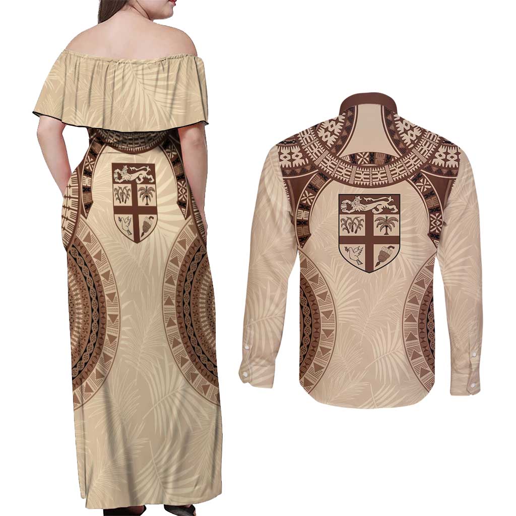 Bula Fiji Day 55th Anniversary Masi Tapa Couples Matching Off Shoulder Maxi Dress and Long Sleeve Button Shirt Emerald Jubilee - Beige LT7 - Polynesian Pride