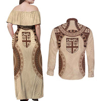 Bula Fiji Day 55th Anniversary Masi Tapa Couples Matching Off Shoulder Maxi Dress and Long Sleeve Button Shirt Emerald Jubilee - Beige LT7 - Polynesian Pride