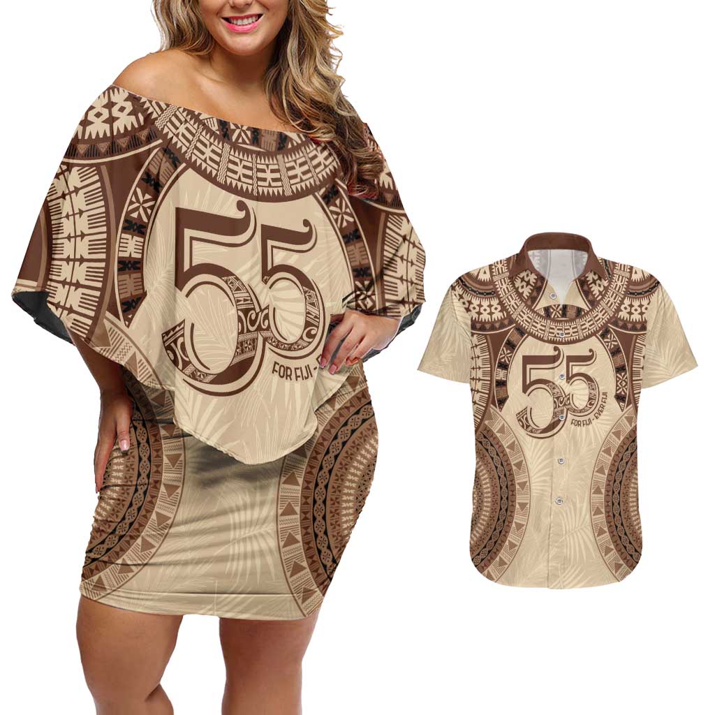 Bula Fiji Day 55th Anniversary Masi Tapa Couples Matching Off Shoulder Short Dress and Hawaiian Shirt Emerald Jubilee - Beige LT7 Beige - Polynesian Pride