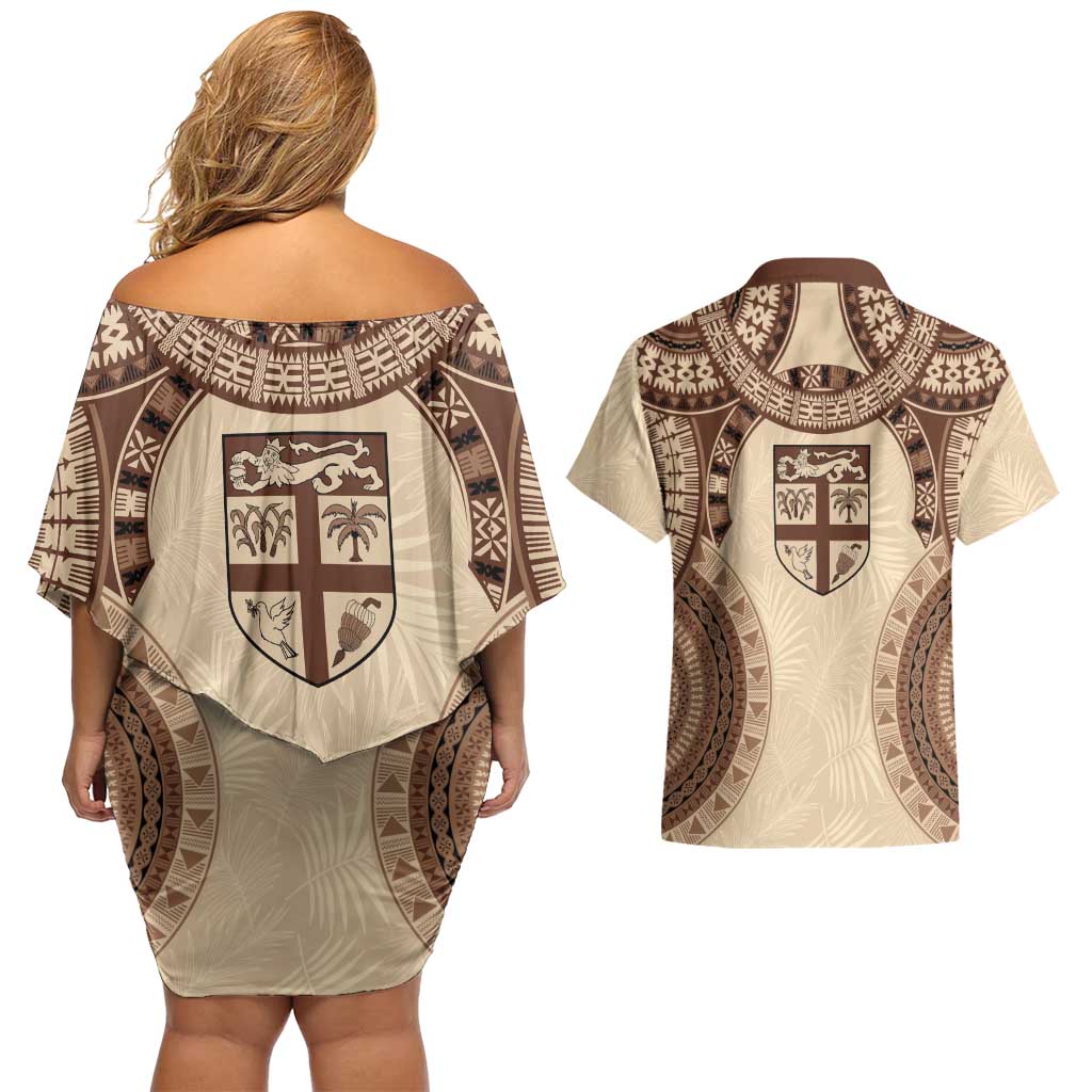 Bula Fiji Day 55th Anniversary Masi Tapa Couples Matching Off Shoulder Short Dress and Hawaiian Shirt Emerald Jubilee - Beige LT7 - Polynesian Pride