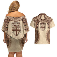 Bula Fiji Day 55th Anniversary Masi Tapa Couples Matching Off Shoulder Short Dress and Hawaiian Shirt Emerald Jubilee - Beige LT7 - Polynesian Pride