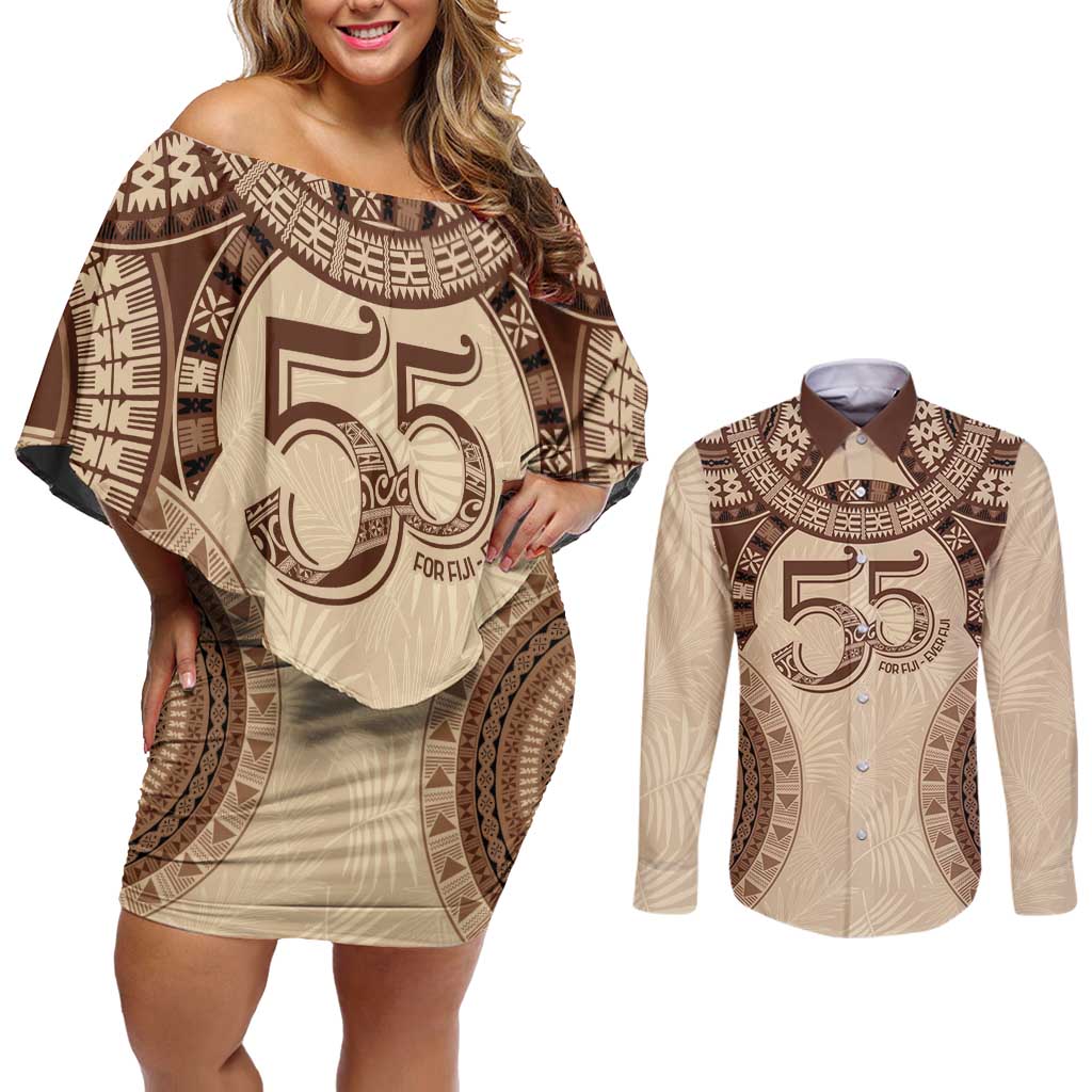 Bula Fiji Day 55th Anniversary Masi Tapa Couples Matching Off Shoulder Short Dress and Long Sleeve Button Shirt Emerald Jubilee - Beige LT7 Beige - Polynesian Pride