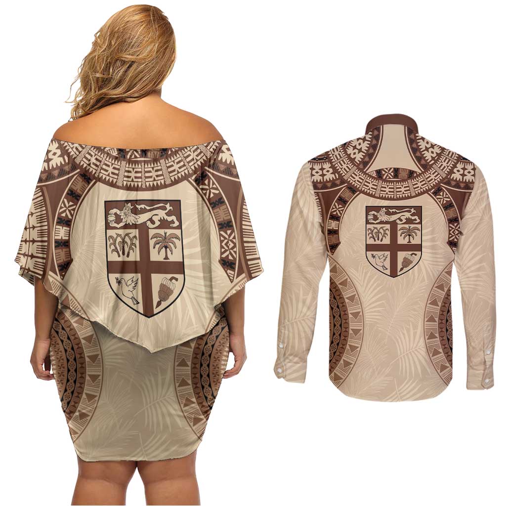 Bula Fiji Day 55th Anniversary Masi Tapa Couples Matching Off Shoulder Short Dress and Long Sleeve Button Shirt Emerald Jubilee - Beige LT7 - Polynesian Pride