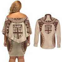 Bula Fiji Day 55th Anniversary Masi Tapa Couples Matching Off Shoulder Short Dress and Long Sleeve Button Shirt Emerald Jubilee - Beige LT7 - Polynesian Pride