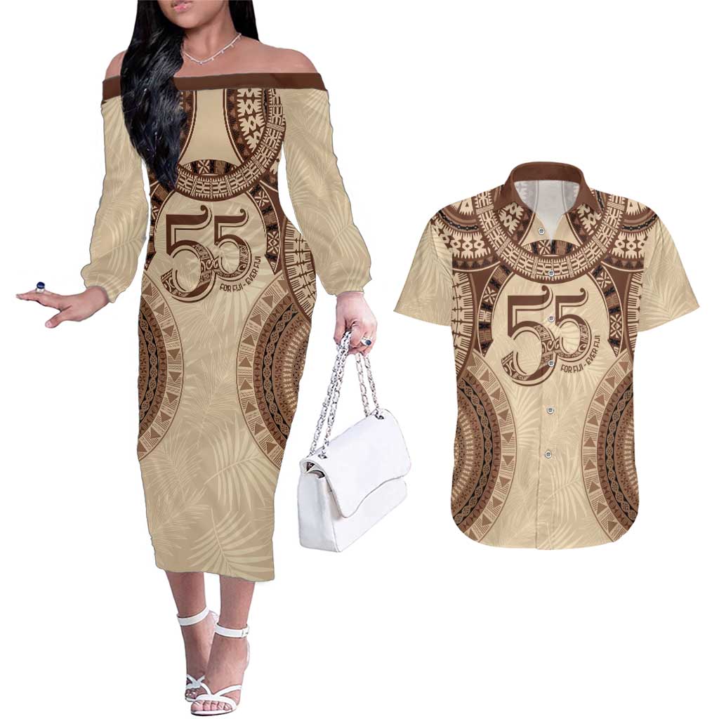 Bula Fiji Day 55th Anniversary Masi Tapa Couples Matching Off The Shoulder Long Sleeve Dress and Hawaiian Shirt Emerald Jubilee - Beige LT7 Beige - Polynesian Pride