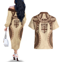 Bula Fiji Day 55th Anniversary Masi Tapa Couples Matching Off The Shoulder Long Sleeve Dress and Hawaiian Shirt Emerald Jubilee - Beige LT7 - Polynesian Pride