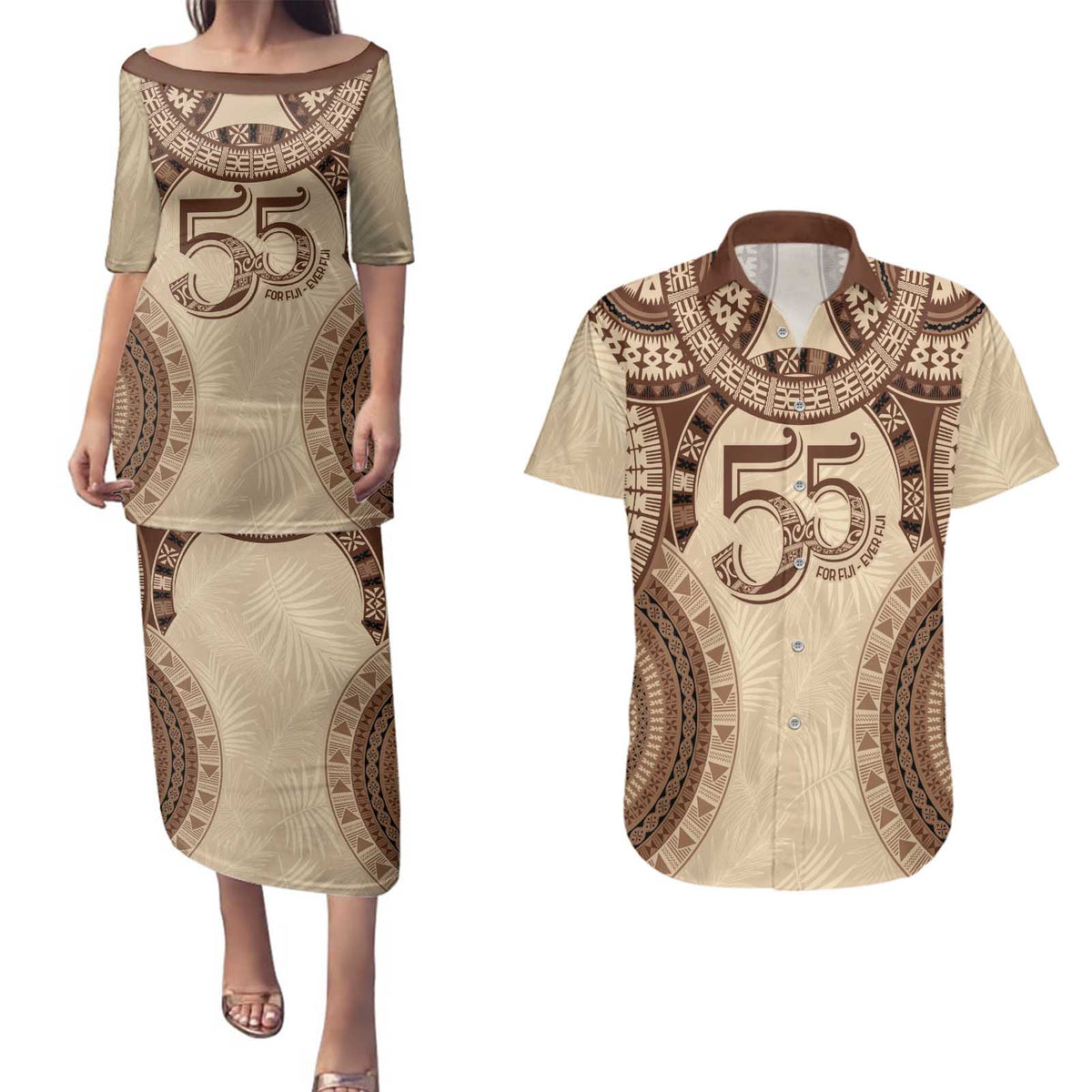 Bula Fiji Day 55th Anniversary Masi Tapa Couples Matching Puletasi and Hawaiian Shirt Emerald Jubilee - Beige LT7 Beige - Polynesian Pride
