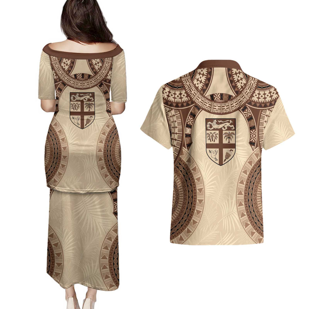 Bula Fiji Day 55th Anniversary Masi Tapa Couples Matching Puletasi and Hawaiian Shirt Emerald Jubilee - Beige LT7 - Polynesian Pride