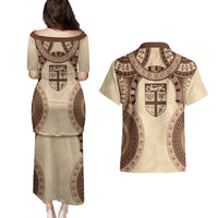 Bula Fiji Day 55th Anniversary Masi Tapa Couples Matching Puletasi and Hawaiian Shirt Emerald Jubilee - Beige LT7 - Polynesian Pride