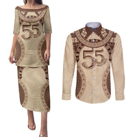 Bula Fiji Day 55th Anniversary Masi Tapa Couples Matching Puletasi and Long Sleeve Button Shirt Emerald Jubilee - Beige LT7 Beige - Polynesian Pride