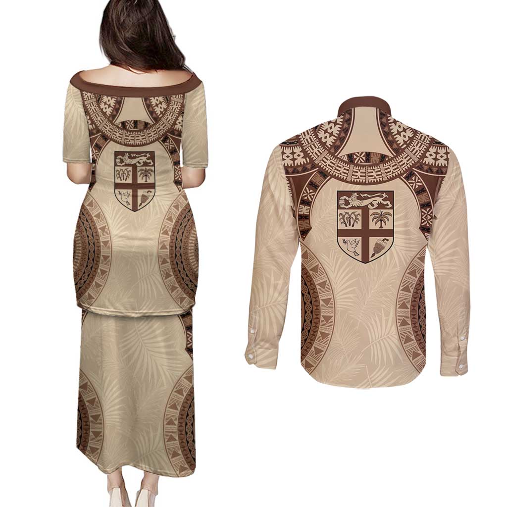 Bula Fiji Day 55th Anniversary Masi Tapa Couples Matching Puletasi and Long Sleeve Button Shirt Emerald Jubilee - Beige LT7 - Polynesian Pride