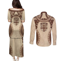 Bula Fiji Day 55th Anniversary Masi Tapa Couples Matching Puletasi and Long Sleeve Button Shirt Emerald Jubilee - Beige LT7 - Polynesian Pride