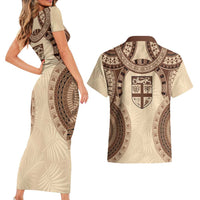 Bula Fiji Day 55th Anniversary Masi Tapa Couples Matching Short Sleeve Bodycon Dress and Hawaiian Shirt Emerald Jubilee - Beige LT7 - Polynesian Pride