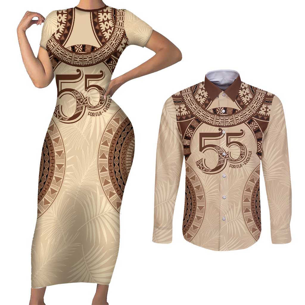 Bula Fiji Day 55th Anniversary Masi Tapa Couples Matching Short Sleeve Bodycon Dress and Long Sleeve Button Shirt Emerald Jubilee - Beige LT7 Beige - Polynesian Pride