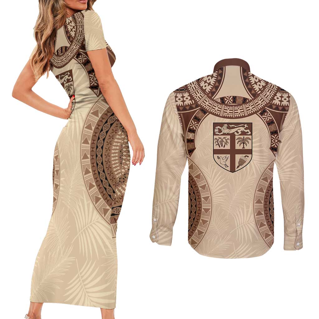 Bula Fiji Day 55th Anniversary Masi Tapa Couples Matching Short Sleeve Bodycon Dress and Long Sleeve Button Shirt Emerald Jubilee - Beige LT7 - Polynesian Pride