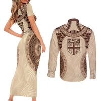 Bula Fiji Day 55th Anniversary Masi Tapa Couples Matching Short Sleeve Bodycon Dress and Long Sleeve Button Shirt Emerald Jubilee - Beige LT7 - Polynesian Pride