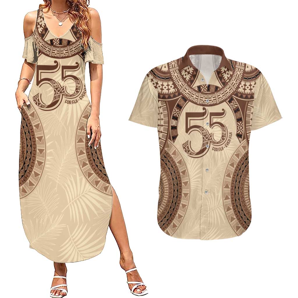 Bula Fiji Day 55th Anniversary Masi Tapa Couples Matching Summer Maxi Dress and Hawaiian Shirt Emerald Jubilee - Beige LT7 Beige - Polynesian Pride