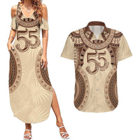 Bula Fiji Day 55th Anniversary Masi Tapa Couples Matching Summer Maxi Dress and Hawaiian Shirt Emerald Jubilee - Beige LT7 Beige - Polynesian Pride
