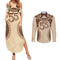 Bula Fiji Day 55th Anniversary Masi Tapa Couples Matching Summer Maxi Dress and Long Sleeve Button Shirt Emerald Jubilee - Beige LT7 Beige - Polynesian Pride
