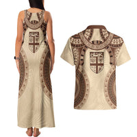 Bula Fiji Day 55th Anniversary Masi Tapa Couples Matching Tank Maxi Dress and Hawaiian Shirt Emerald Jubilee - Beige LT7 - Polynesian Pride