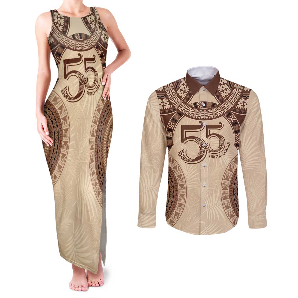 Bula Fiji Day 55th Anniversary Masi Tapa Couples Matching Tank Maxi Dress and Long Sleeve Button Shirt Emerald Jubilee - Beige LT7 Beige - Polynesian Pride