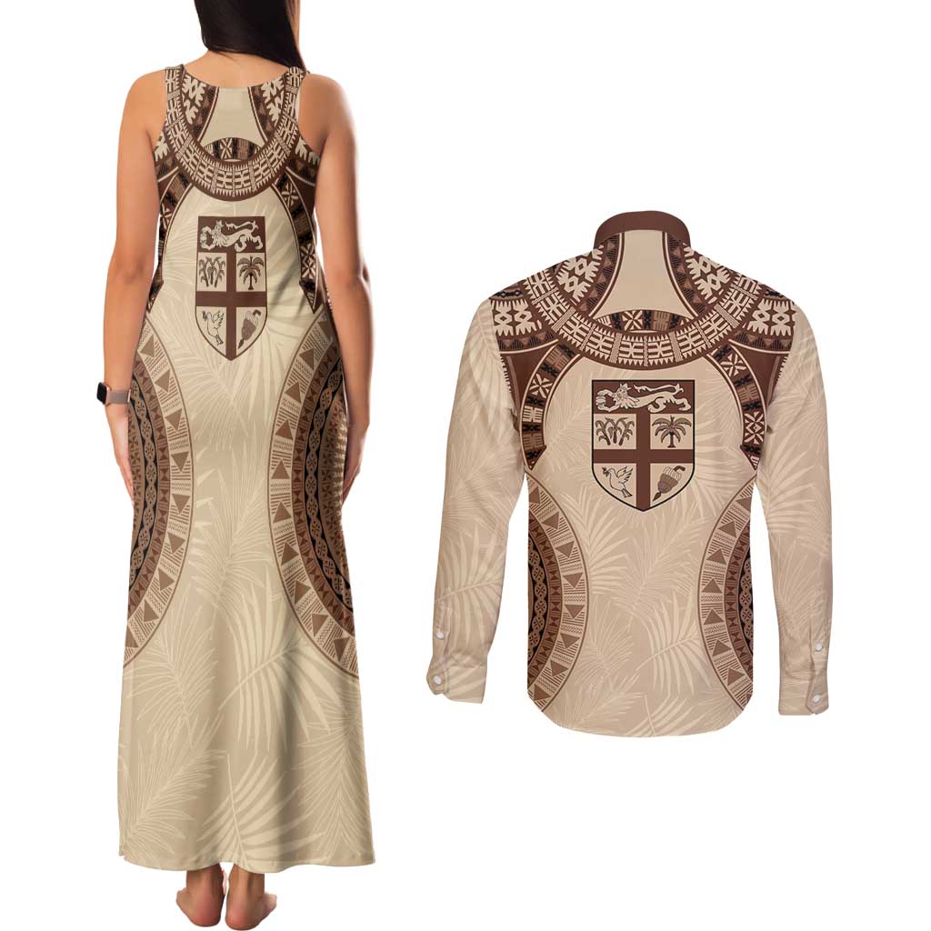 Bula Fiji Day 55th Anniversary Masi Tapa Couples Matching Tank Maxi Dress and Long Sleeve Button Shirt Emerald Jubilee - Beige LT7 - Polynesian Pride