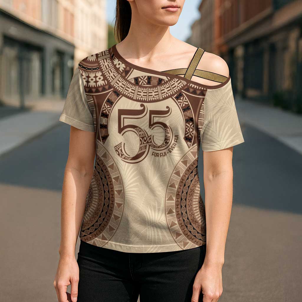 Bula Fiji Day 55th Anniversary Masi Tapa Cross Shoulder Shirt Emerald Jubilee - Beige - Polynesian Pride