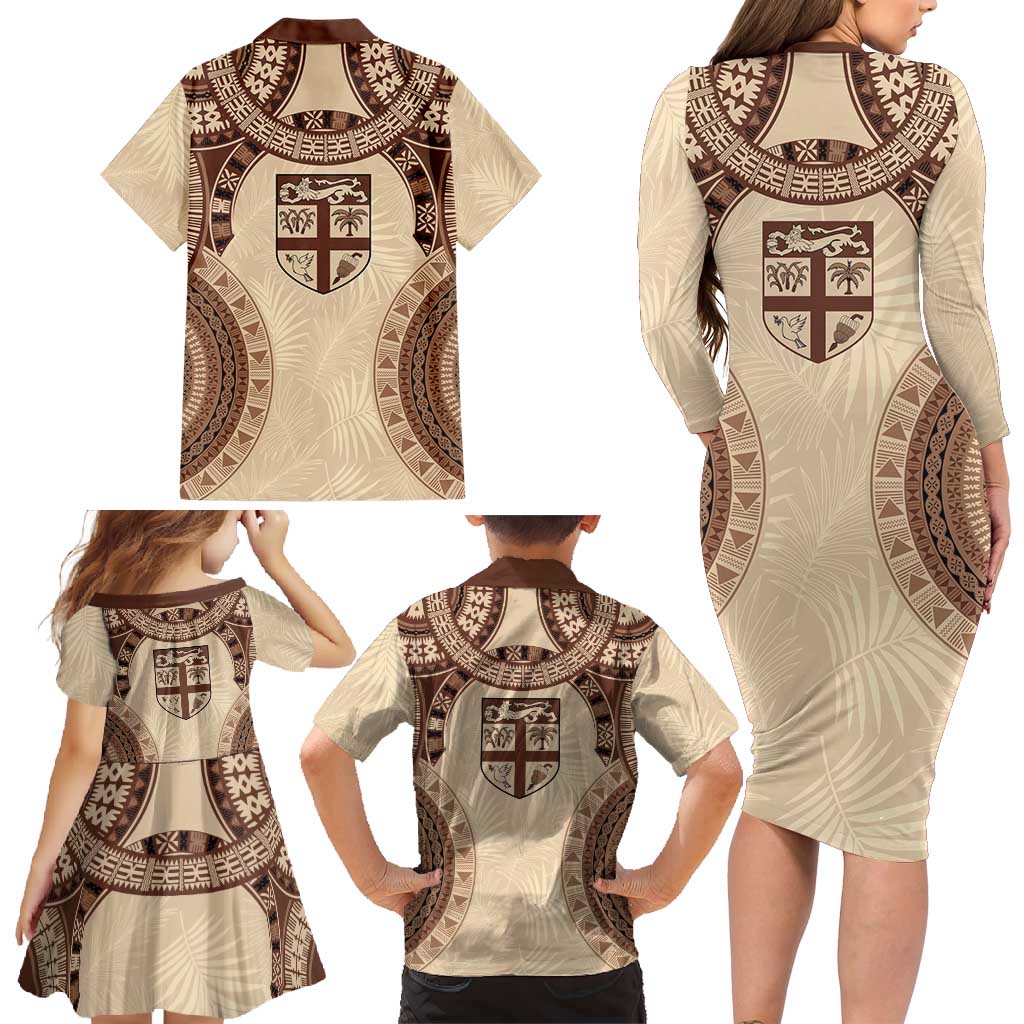 Bula Fiji Day 55th Anniversary Masi Tapa Family Matching Long Sleeve Bodycon Dress and Hawaiian Shirt Emerald Jubilee - Beige LT7 - Polynesian Pride
