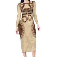 Bula Fiji Day 55th Anniversary Masi Tapa Family Matching Long Sleeve Bodycon Dress and Hawaiian Shirt Emerald Jubilee - Beige LT7 Mom's Dress Beige - Polynesian Pride