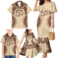 Bula Fiji Day 55th Anniversary Masi Tapa Family Matching Mermaid Dress and Hawaiian Shirt Emerald Jubilee - Beige LT7 - Polynesian Pride