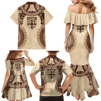 Bula Fiji Day 55th Anniversary Masi Tapa Family Matching Mermaid Dress and Hawaiian Shirt Emerald Jubilee - Beige LT7 - Polynesian Pride
