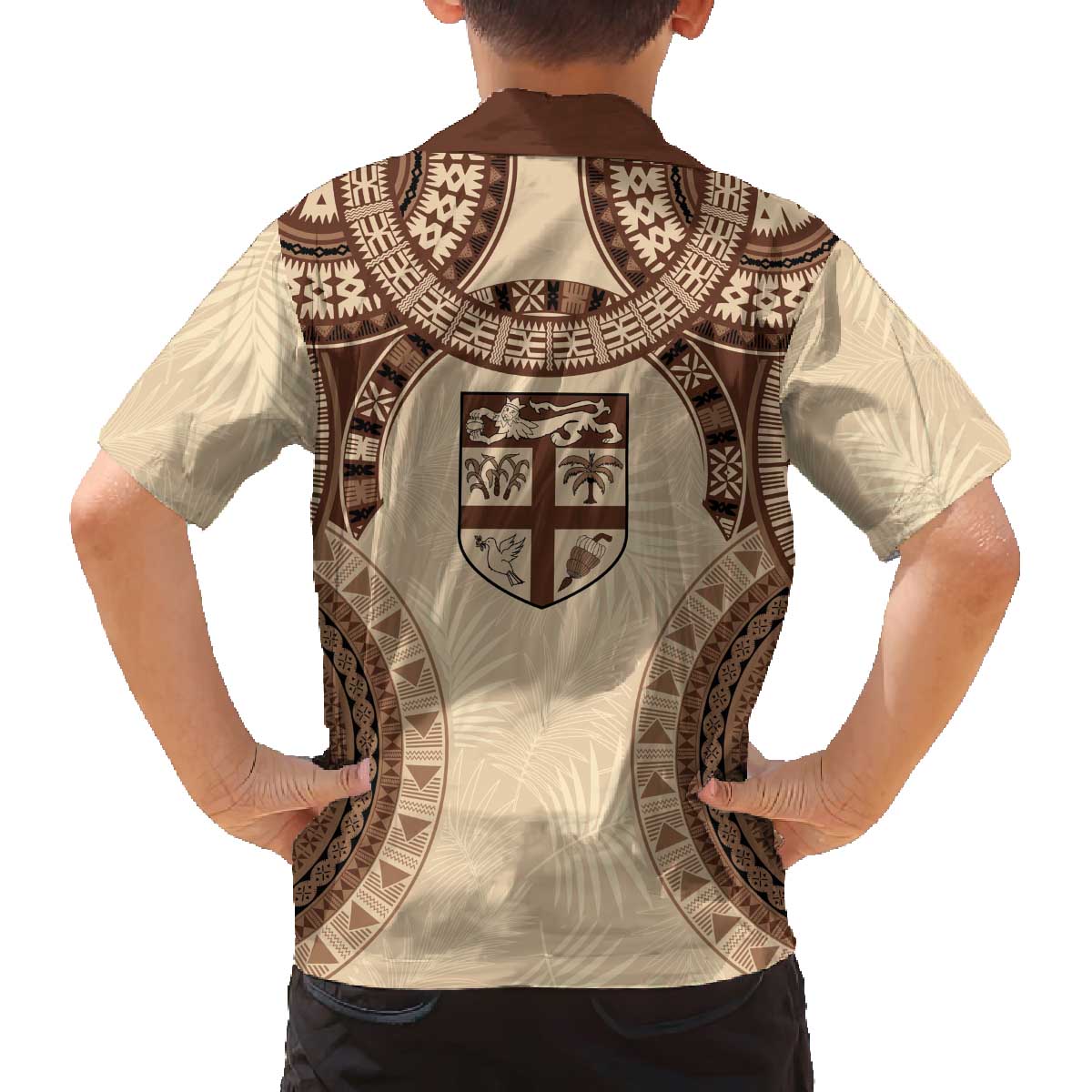 Bula Fiji Day 55th Anniversary Masi Tapa Family Matching Off The Shoulder Long Sleeve Dress and Hawaiian Shirt Emerald Jubilee - Beige LT7 - Polynesian Pride