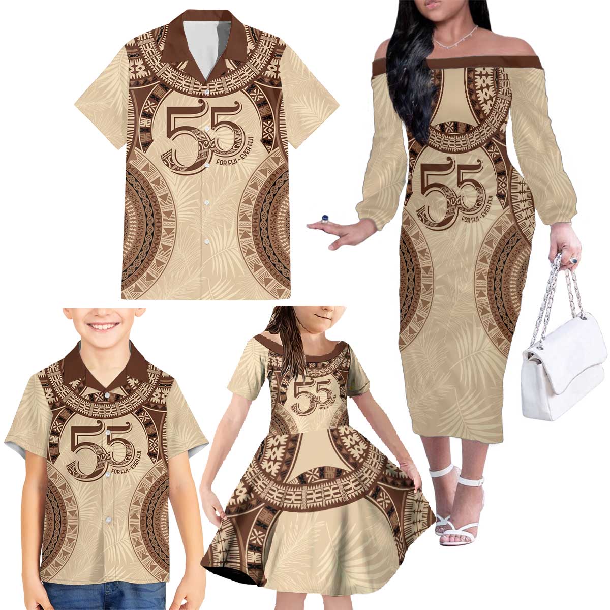 Bula Fiji Day 55th Anniversary Masi Tapa Family Matching Off The Shoulder Long Sleeve Dress and Hawaiian Shirt Emerald Jubilee - Beige LT7 - Polynesian Pride