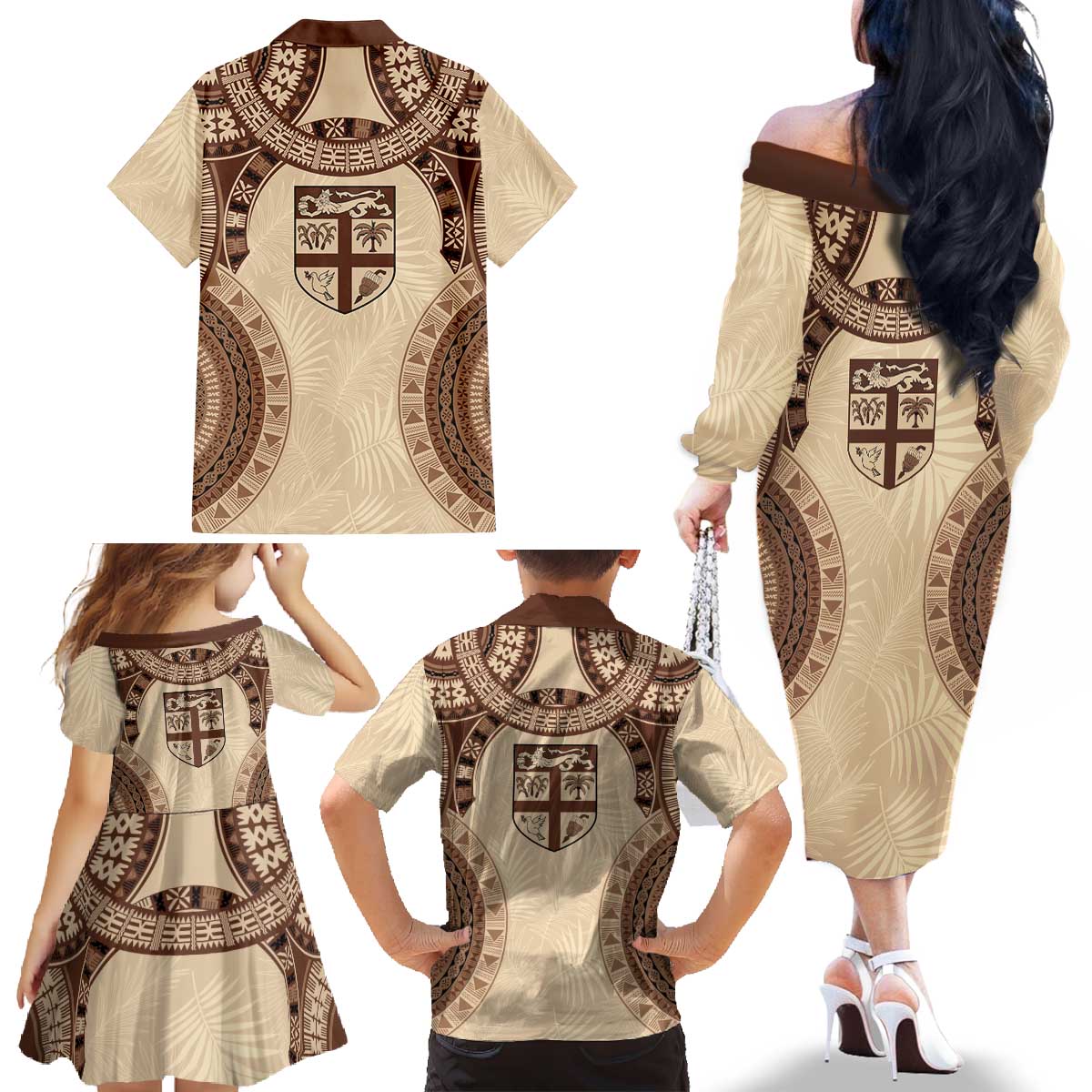 Bula Fiji Day 55th Anniversary Masi Tapa Family Matching Off The Shoulder Long Sleeve Dress and Hawaiian Shirt Emerald Jubilee - Beige LT7 - Polynesian Pride