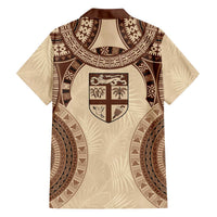 Bula Fiji Day 55th Anniversary Masi Tapa Family Matching Off The Shoulder Long Sleeve Dress and Hawaiian Shirt Emerald Jubilee - Beige LT7 - Polynesian Pride