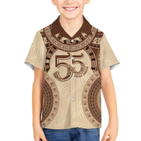 Bula Fiji Day 55th Anniversary Masi Tapa Family Matching Off The Shoulder Long Sleeve Dress and Hawaiian Shirt Emerald Jubilee - Beige LT7 Son's Shirt Beige - Polynesian Pride