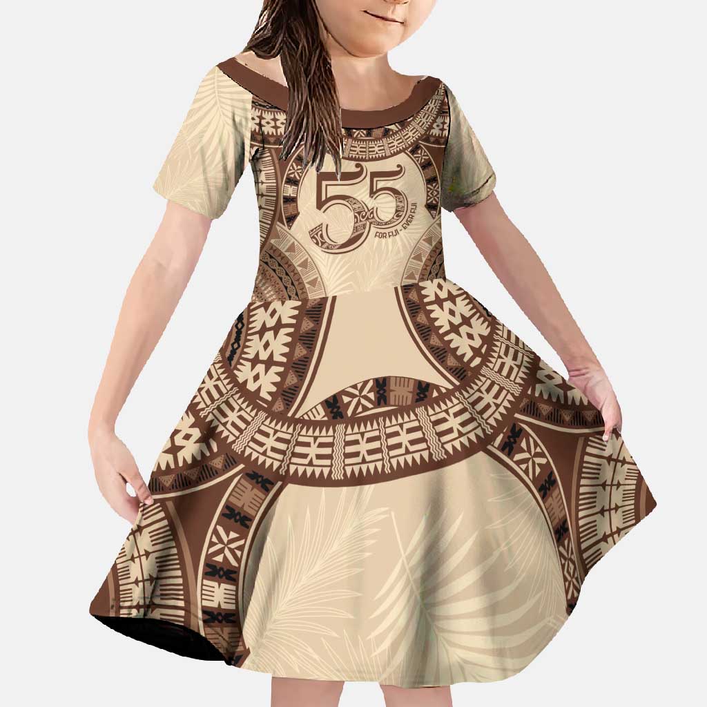 Bula Fiji Day 55th Anniversary Masi Tapa Family Matching Off Shoulder Maxi Dress and Hawaiian Shirt Emerald Jubilee - Beige LT7 Daughter's Dress Beige - Polynesian Pride