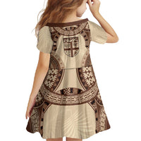 Bula Fiji Day 55th Anniversary Masi Tapa Family Matching Off Shoulder Maxi Dress and Hawaiian Shirt Emerald Jubilee - Beige LT7 - Polynesian Pride