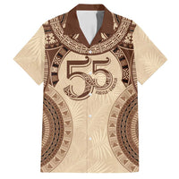 Bula Fiji Day 55th Anniversary Masi Tapa Family Matching Off Shoulder Maxi Dress and Hawaiian Shirt Emerald Jubilee - Beige LT7 Dad's Shirt - Short Sleeve Beige - Polynesian Pride