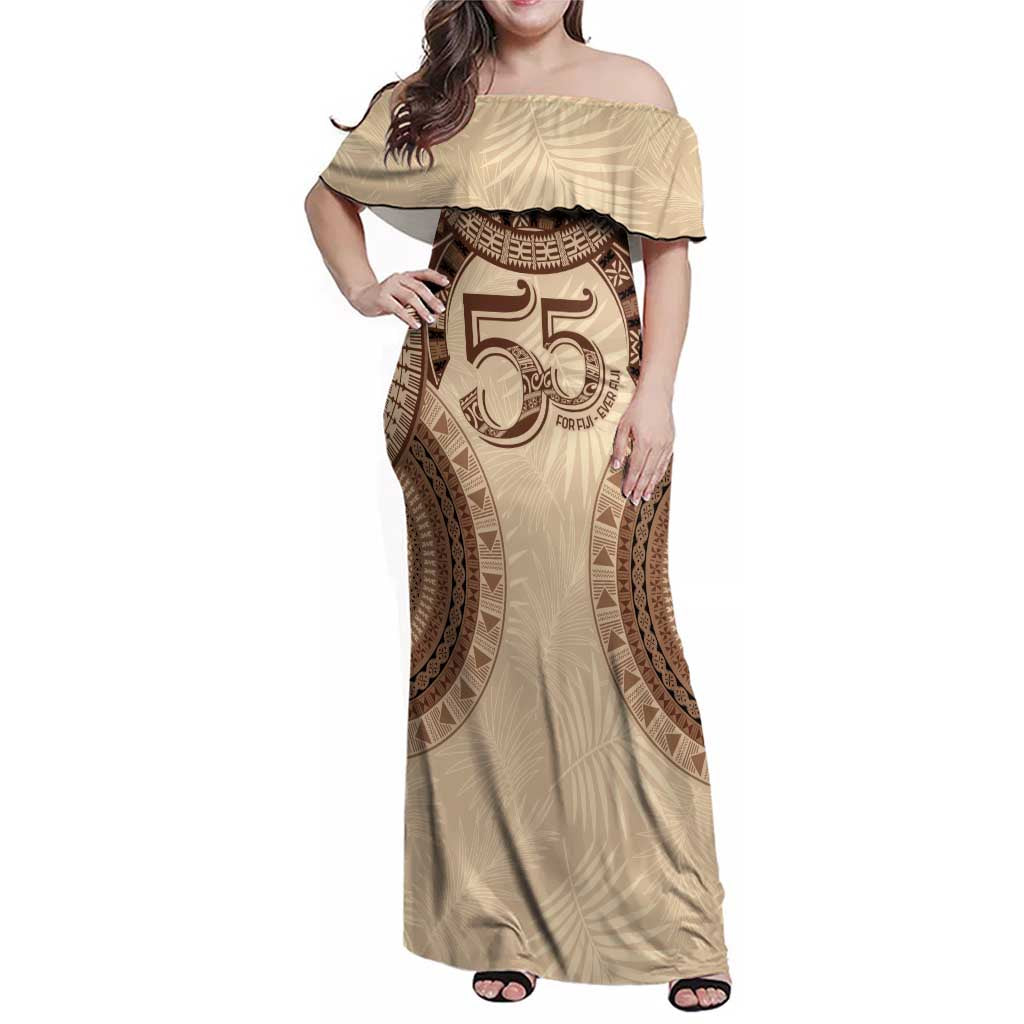 Bula Fiji Day 55th Anniversary Masi Tapa Family Matching Off Shoulder Maxi Dress and Hawaiian Shirt Emerald Jubilee - Beige LT7 Mom's Dress Beige - Polynesian Pride