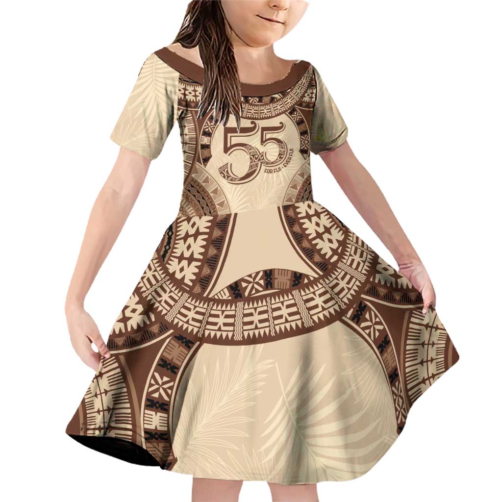 Bula Fiji Day 55th Anniversary Masi Tapa Family Matching Off Shoulder Short Dress and Hawaiian Shirt Emerald Jubilee - Beige LT7 Daughter's Dress Beige - Polynesian Pride