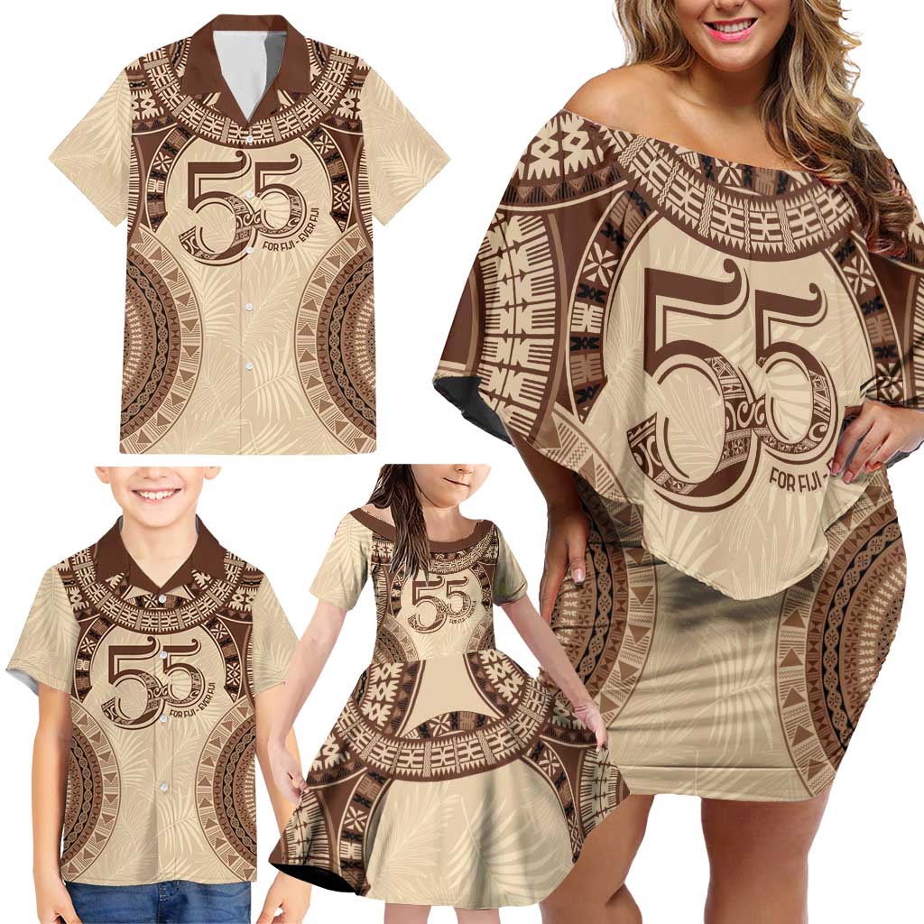 Bula Fiji Day 55th Anniversary Masi Tapa Family Matching Off Shoulder Short Dress and Hawaiian Shirt Emerald Jubilee - Beige LT7 - Polynesian Pride