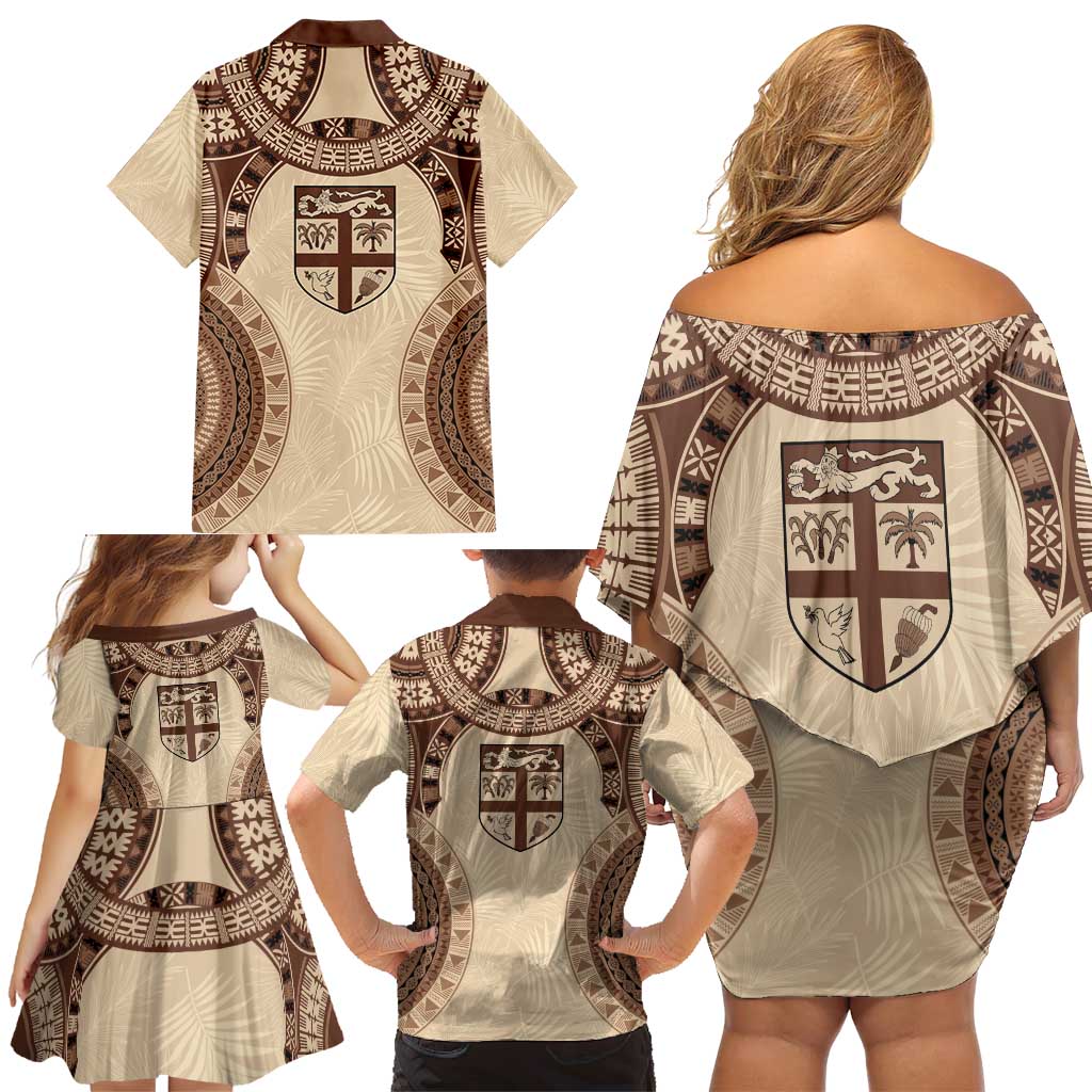 Bula Fiji Day 55th Anniversary Masi Tapa Family Matching Off Shoulder Short Dress and Hawaiian Shirt Emerald Jubilee - Beige LT7 - Polynesian Pride