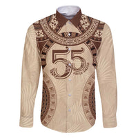 Bula Fiji Day 55th Anniversary Masi Tapa Family Matching Off Shoulder Short Dress and Hawaiian Shirt Emerald Jubilee - Beige LT7 Dad's Shirt - Long Sleeve Beige - Polynesian Pride